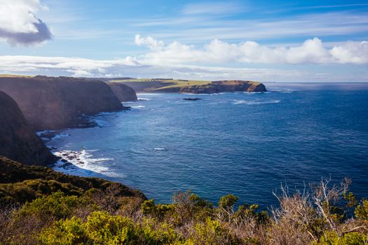 The view from Angel Cave lookout over Bushrangers Bay towards Phillip Island, in Victora. Australia
