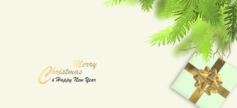 Christmas banner. Realistic Christmas gift box, fir branches, golden twigs, gold text Merry Christmas Happy New Year on yellow pastel background. Horizontal flat lay. 3D illustration
