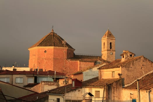 Panoramic of Alborea village at sunrise. Old church in the background