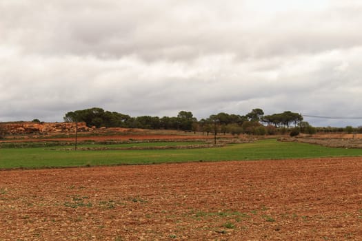 Landscape with cloudy sky and farm field in Castilla La Mancha, Spain