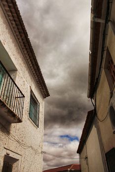 Narrow streets and old facades in Jorquera village, Castilla la Mancha community, Spain