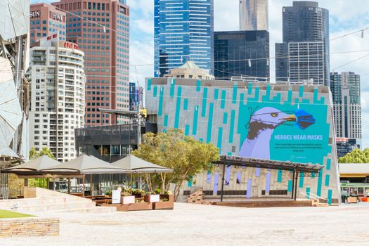 Melbourne, Australia - October 10th 2020: Federation Square in Melbourne is quiet and empty during the Coronavirus pandemic and associated lockdown.