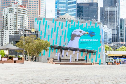 Melbourne, Australia - October 10th 2020: Federation Square in Melbourne is quiet and empty during the Coronavirus pandemic and associated lockdown.