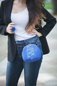 blue Elegant Felting wool fashion handmade handbag in hand. street fashion look