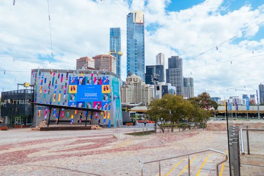 Melbourne, Australia - October 10th 2020: Federation Square in Melbourne is quiet and empty during the Coronavirus pandemic and associated lockdown.
