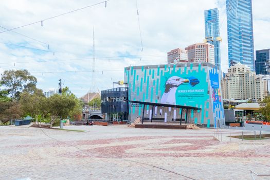 Melbourne, Australia - October 10th 2020: Federation Square in Melbourne is quiet and empty during the Coronavirus pandemic and associated lockdown.