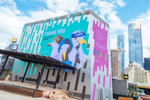 Melbourne, Australia - October 10th 2020: Federation Square in Melbourne is quiet and empty during the Coronavirus pandemic and associated lockdown.