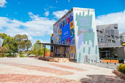 Melbourne, Australia - October 10th 2020: Federation Square in Melbourne is quiet and empty during the Coronavirus pandemic and associated lockdown.