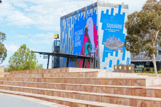 Melbourne, Australia - October 10th 2020: Federation Square in Melbourne is quiet and empty during the Coronavirus pandemic and associated lockdown.