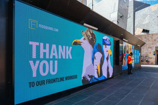 Melbourne, Australia - October 10th 2020: Federation Square in Melbourne is quiet and empty during the Coronavirus pandemic and associated lockdown.