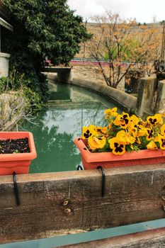 Yellow flowers decorating a bridge in Alcaraz, Castile-La Mancha, Spain