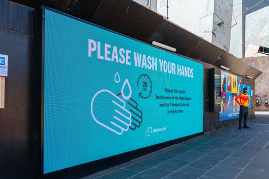 Melbourne, Australia - October 10th 2020: Federation Square in Melbourne is quiet and empty during the Coronavirus pandemic and associated lockdown.
