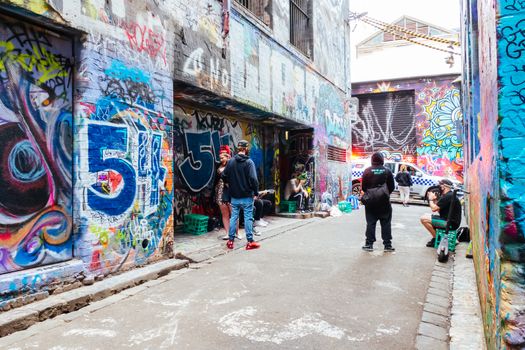 Melbourne, Australia - October 10th 2020: Police do routine checks against pandemic rules in Hosier Lane during the Coronavirus pandemic and associated lockdown.