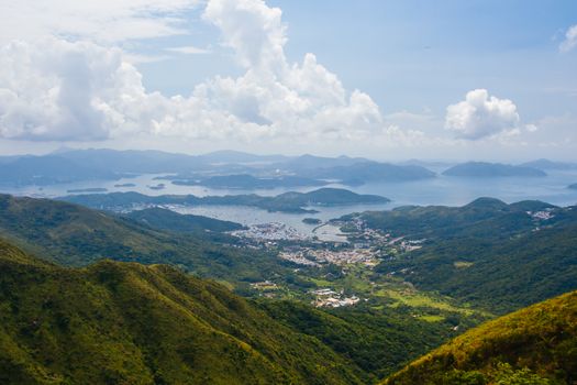 View over Eastern Hong Kong and New Territories on a warm afternoon in Hong Kong, China