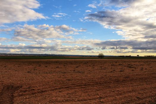 Landscape with cloudy sky and farm field in Castilla La Mancha, Spain