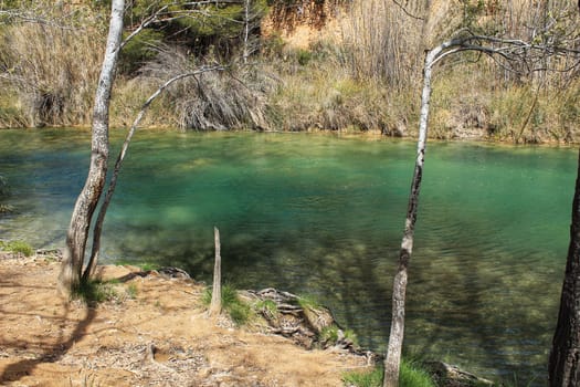 Cabriel River with crystal clear waters and surrounded by green vegetation in the mountains of Albacete, Spain