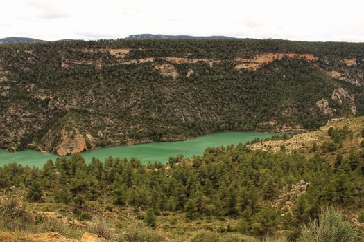 Swamp surrounded by mountains and colorful vegetation in El Molinar, Casas de Ves, Spain. Crystal Clear Waters of Cabriel River