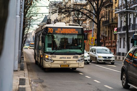 Car traffic at rush hour in downtown area of the city. Car pollution, traffic jam in the morning and evening in the capital city of Bucharest, Romania, 2020