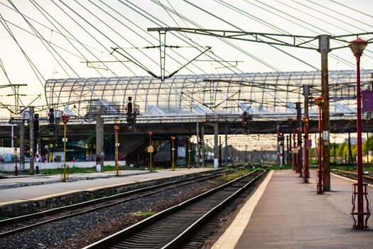 Changes and complications caused by coronavirus COVID-19 virus, world without crowds, empty train platform. No commuters, no travelers at the North Railway Station in Bucharest, Romania, 2020