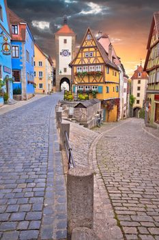 Rothenburg ob der Tauber famous landmark. Cobbled street and architecture of historic town of Rothenburg ob der Tauber view, Romantic road of Bavaria region of Germany
