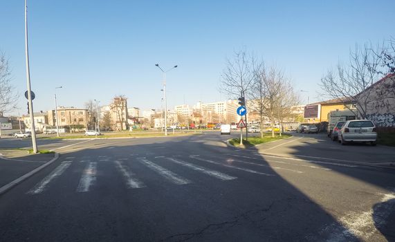 Changes and complications caused by coronavirus epidemy, world without crowds, virus empties streets. No traffic jam, no pollution, empty streets in downtown Bucharest, Romania, 2020