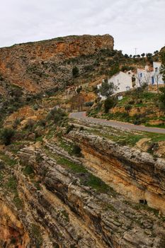 Views of the town of Villa de Ves between mountains and on top of the Sanctuary. Community of Castilla La Mancha, Albacete, Spain.