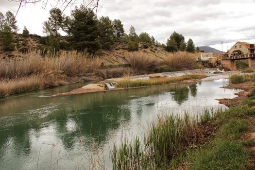 Cabriel River on its way through Casas del Rio village, Albacete, Spain. Landscape between cane field and mountains.