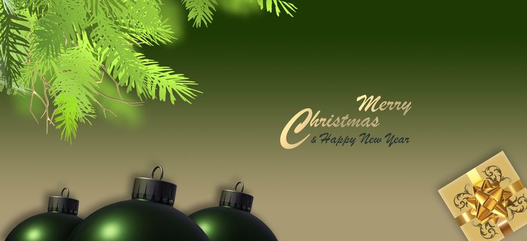 Christmas holiday banner. Realistic Xmas gift box, golden bow, green balls baubles, fir branches, gold text Merry Christmas Happy New Year on green gold background. Horizontal banner. 3D render.