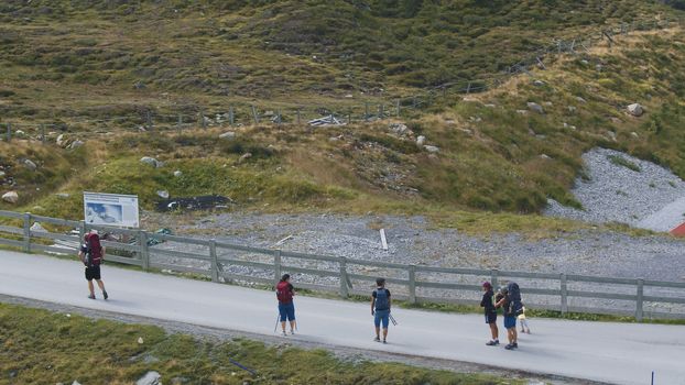 Aerial view of tourists hiking up the mountain at Kuhtai in the Austrian Alps