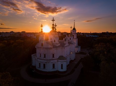 Vivid aerial view on the architecture of Poltava city at autumn sunny evening, Ukraine