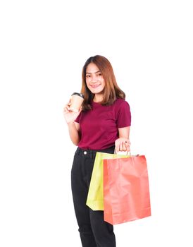 woman pretty smiling holding paper bags and Coffee carton cup in shopping. on white background and look at camera