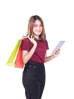 woman holding paper bags green and orange shopping And mobile phone. on white background