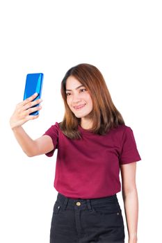 woman use selfie photo smartphone on white background