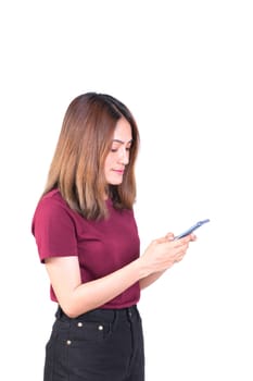 woman use photo smartphone. closeup on white background