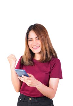 woman lift arm fist use smartphone. closeup on white background