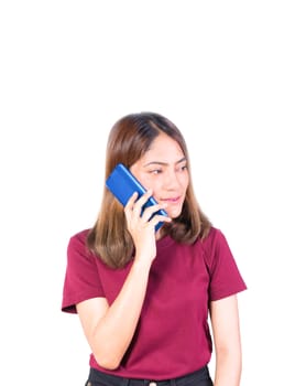 woman use smartphone talk. closeup on white background