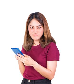 woman turn face frown use photo smartphone. closeup on white background