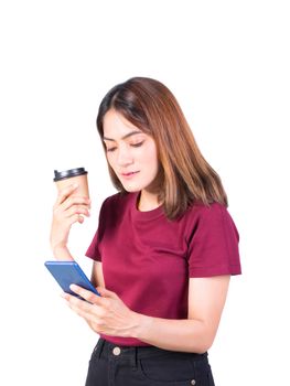 woman use photo smartphone and hand hold coffee cup. closeup on white background