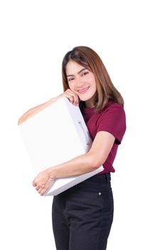 woman holding paper box. closeup on white background