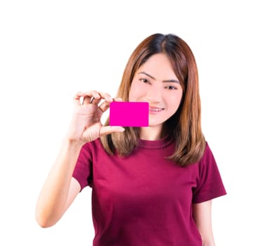 woman holding credit card. closeup on white background