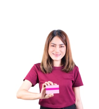 woman holding credit card. closeup on white background