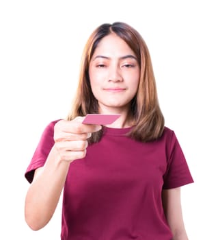 woman holding credit card. closeup on white background