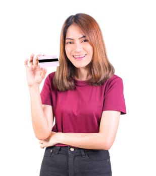 woman holding credit card. closeup on white background