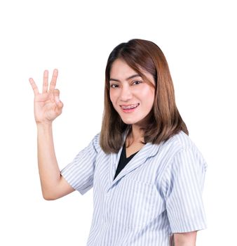 woman showing OK hand sign on white background