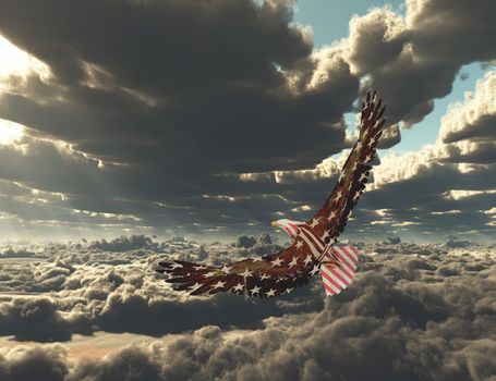 Eagle flies above clouds. 3D rendering