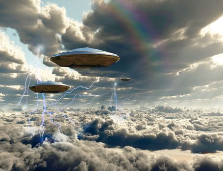 Flying spacecrafts in cloudy sky. 3D rendering