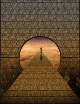 Surreal painting. Figure of man walking on stone road to another world. 3D rendering