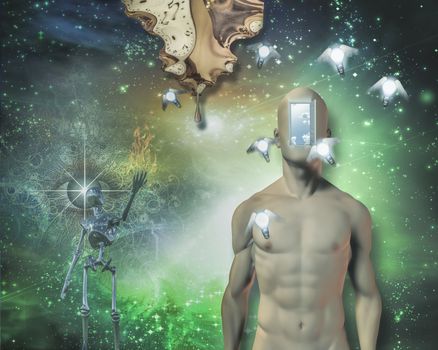 Man open door in face, winged light bulbs, warped time drips, gleaming robot, large flame, watchful eye and further still is deep space. 3D rendering