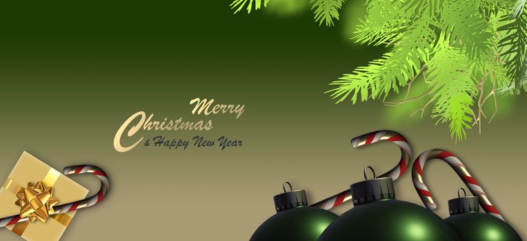 Christmas magic background. Xmas realistic balls baubles, Xmas gift box with glowing bow, fir branches, candy cane on green gold background. Gold text Merry Christmas Happy New Year. 3D illustration