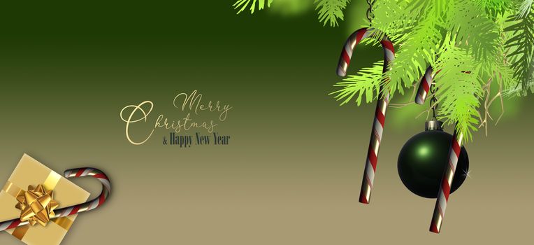 Holiday Christmas background with green Xmas realistic ball bauble, Xmas gift box, candy cane over green gold. Text Merry Christmas. Horizontal Xmas poster, greeting card, header, web. 3D illustration